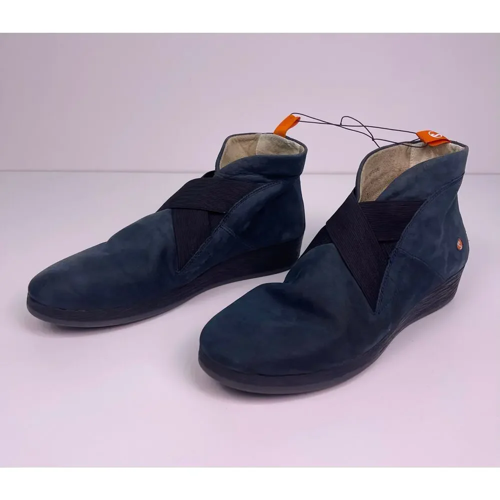 NWT Fly London Blue Suede Wedge Booties Womens Sz 8 Comfort Slip On Ankle Boots